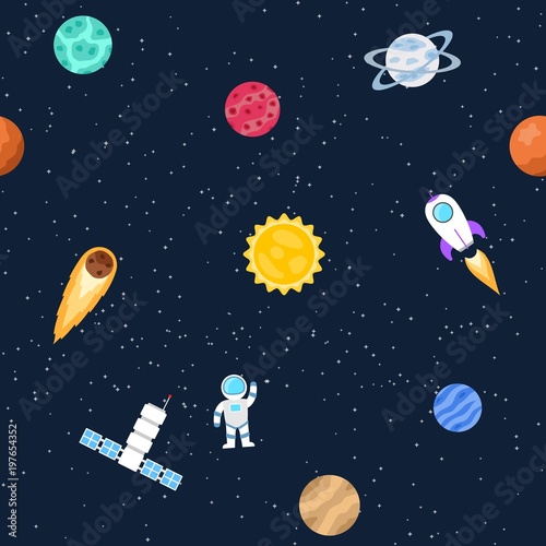 Seamless background of space objects. Planets, stars, constellations, comet, spaceship, ufo, cosmic stations, astronaut Collection of outer space icons Vector illustration