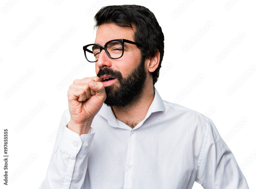 Handsome man with glasses coughing a lot Handsome man with glasses coughing a lot