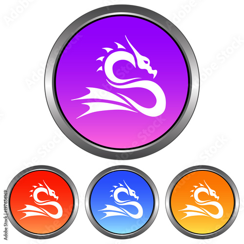 Fototapeta Naklejka Na Ścianę i Meble -  Circular, metallic, dragon (white silhouette) icon. Four color (gradient) variations. Isolated on white