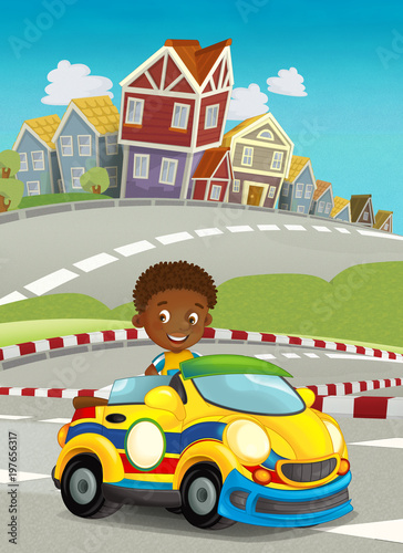 cartoon funny and happy looking child - boy in racing car on race track - illustration for children © honeyflavour