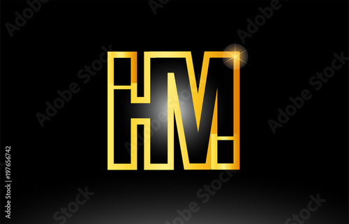 gold black alphabet letter hm h m logo combination icon design