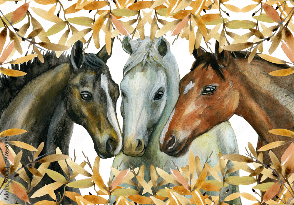 Obraz Watercolor illustration of horses decorated with branches