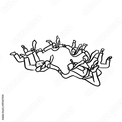 business people parachute team in the sky metaphor vector illustration sketch hand drawn with black lines isolated on white background