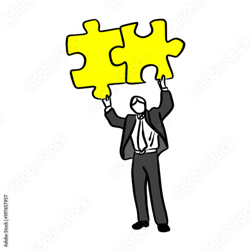businessman holding puzzle over his head vector illustration sketch hand drawn with black lines isolated on white background