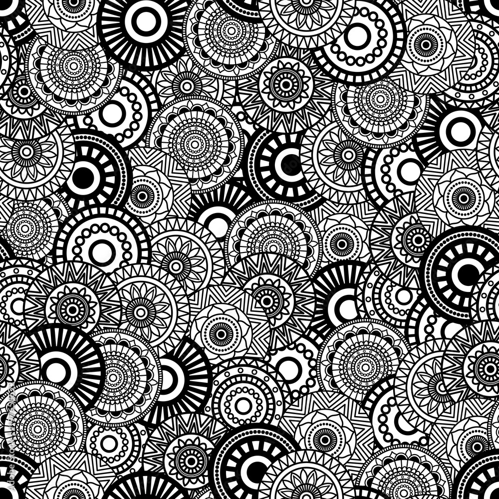 Seamless background Eastern style black on white . Arabic Pattern. Mandala ornament. Elements of flowers and leaves. Vector illustration. Use for wallpaper, print packaging paper, textiles. Seamless background Eastern style black on white . Arabic Pattern. Mandala ornament. Elements of flowers and leaves. Vector illustration. Use for wallpaper, print packaging paper, textiles.