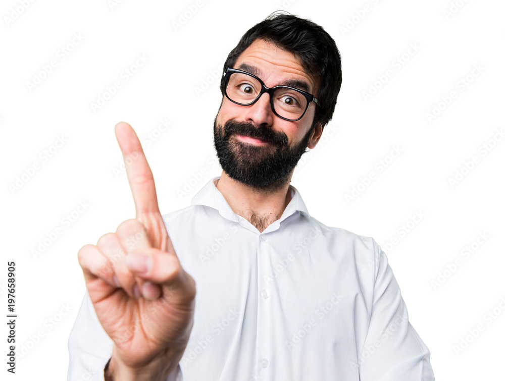 Handsome man with glasses counting one Handsome man with glasses counting one