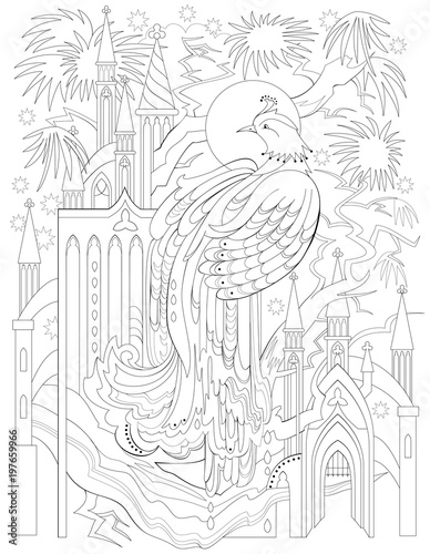 Black and white page for coloring. Fantasy drawing of firebird and fairytale medieval kingdom. Worksheet for children and adults. Vector image.