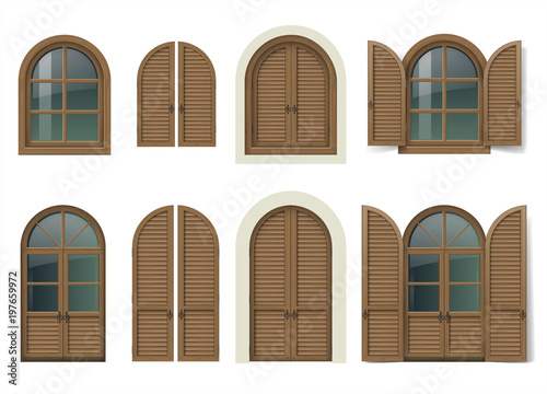 Vintage wooden window and door with shutters. Mediterranean style. Traditional architecture. Vector graphics. Item set.