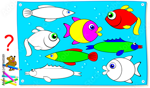 Logic puzzle game for young children. Need to find a pair of each fish and paint it in corresponding colors. Vector cartoon image.
