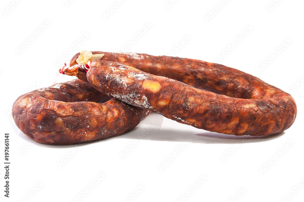Fototapeta premium Iberian red spanish chorizos with their distinctive smokiness and deep red color
