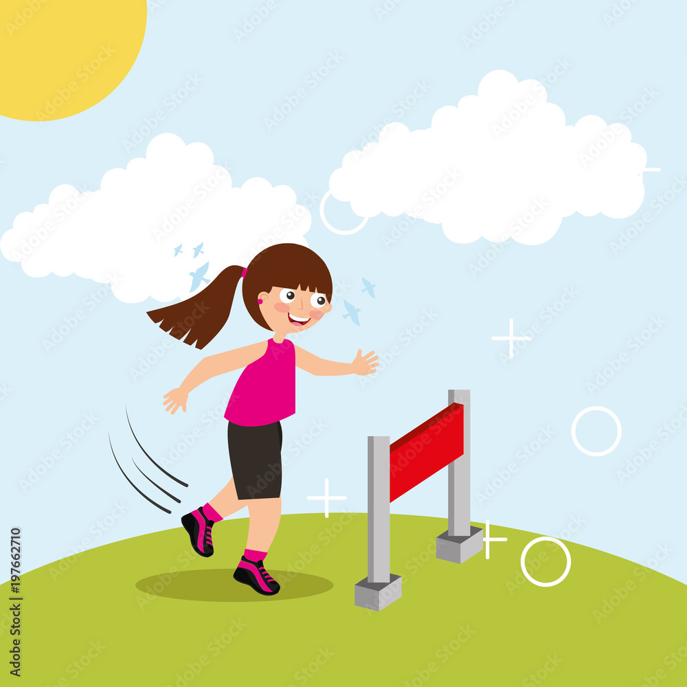 hurdle race little girl jumping over obstacle in landscape vector illustration