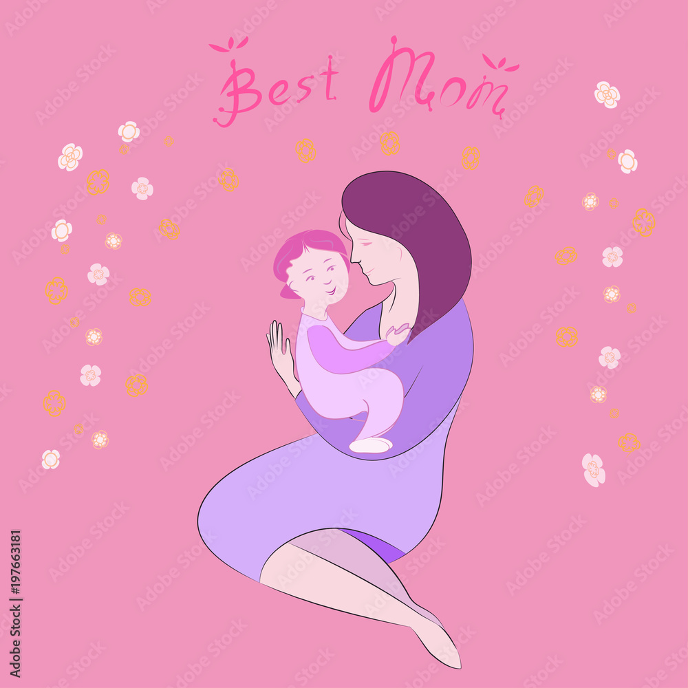 Mothers Day Vector, Mother and Baby Greeting Card. Color Illustrations Art Design on a square background Mothers Day Vector, Mother and Baby Greeting Card. Color Illustrations Art Design on a square background