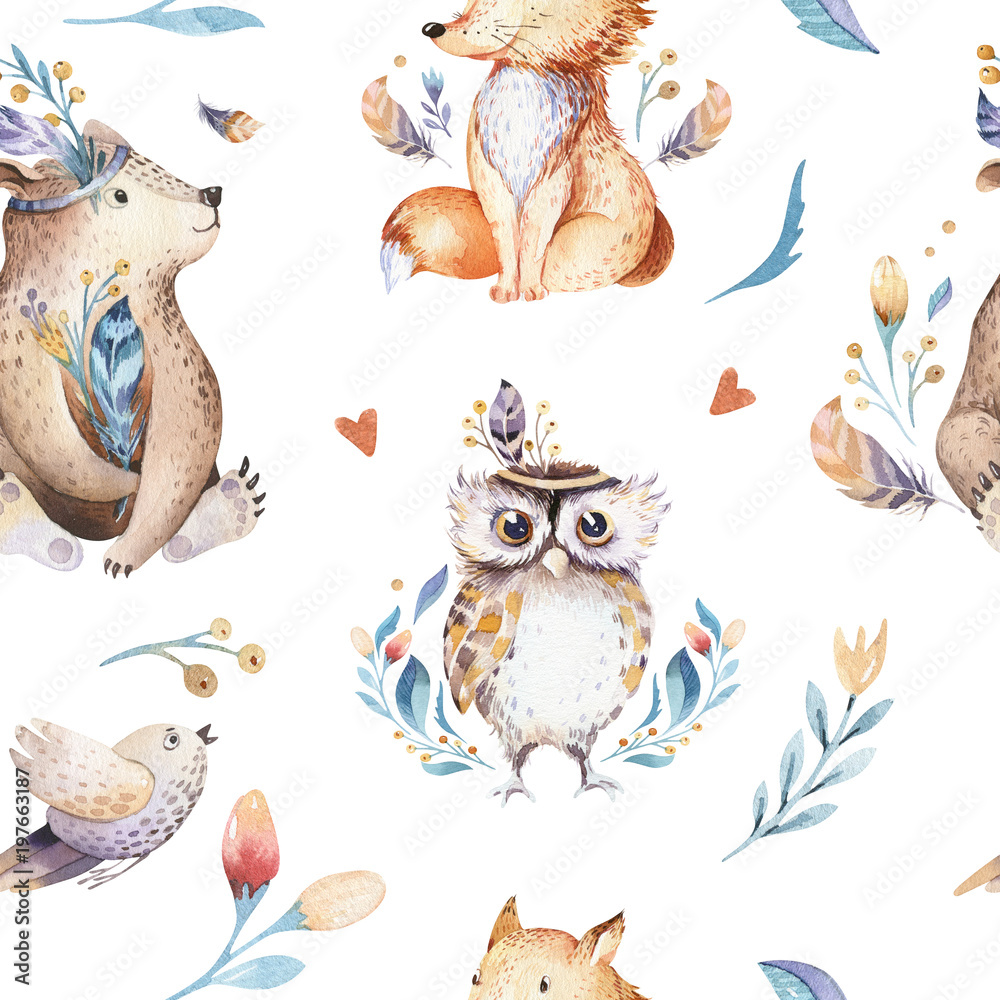Fototapeta Baby animals nursery isolated seamless pattern with bannies. Watercolor boho cute baby fox, deer animal woodland rabbit and bear isolated illustration for children. Bunny forest image