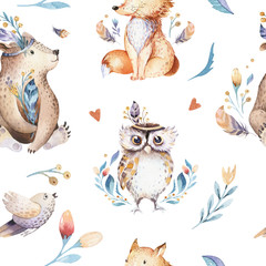 Acrylglasbilder Tierbaby-Muster Baby animals nursery isolated seamless pattern with bannies. Watercolor boho cute baby fox, deer animal woodland rabbit and bear isolated illustration for children. Bunny forest image  © kris_art