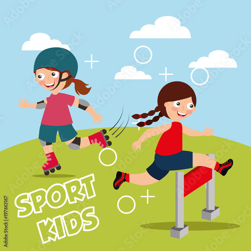 little girl jumping over obstacle race and roller skating sport kids vector illustration