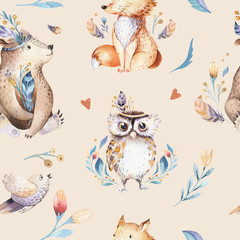 Acrylglasbilder Tierbaby-Muster Baby animals nursery isolated seamless pattern with bannies. Watercolor boho cute baby fox, deer animal woodland rabbit and bear isolated illustration for children. Bunny forest image  © kris_art