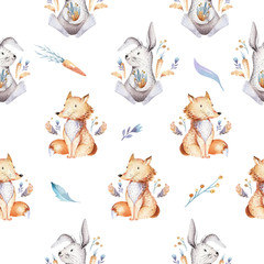 Acrylglasbilder Tierbaby-Muster Baby animals nursery isolated seamless pattern with bannies. Watercolor boho cute baby fox, deer animal woodland rabbit and bear isolated illustration for children. Bunny forest image  © kris_art
