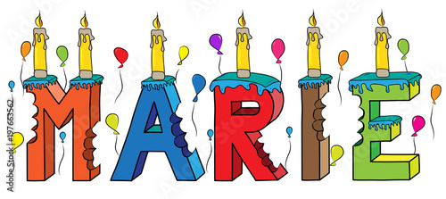Marie female first name bitten colorful 3d lettering birthday cake with candles and balloons