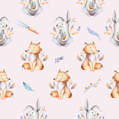 Acrylglasbilder Tierbaby-Muster Baby animals nursery isolated seamless pattern with bannies. Watercolor boho cute baby fox, deer animal woodland rabbit and bear isolated illustration for children. Bunny forest image  © kris_art