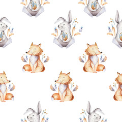 Acrylglasbilder Tierbaby-Muster Baby animals nursery isolated seamless pattern with bannies. Watercolor boho cute baby fox, deer animal woodland rabbit and bear isolated illustration for children. Bunny forest image  © kris_art