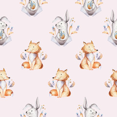 Acrylglasbilder Tierbaby-Muster Baby animals nursery isolated seamless pattern with bannies. Watercolor boho cute baby fox, deer animal woodland rabbit and bear isolated illustration for children. Bunny forest image  © kris_art