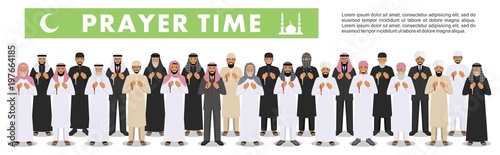 Prayer time. Different standing praying muslim arabic old and young people in traditional arabian clothes. Islamic men with beads in hands pray. Vector illustration in flat style.