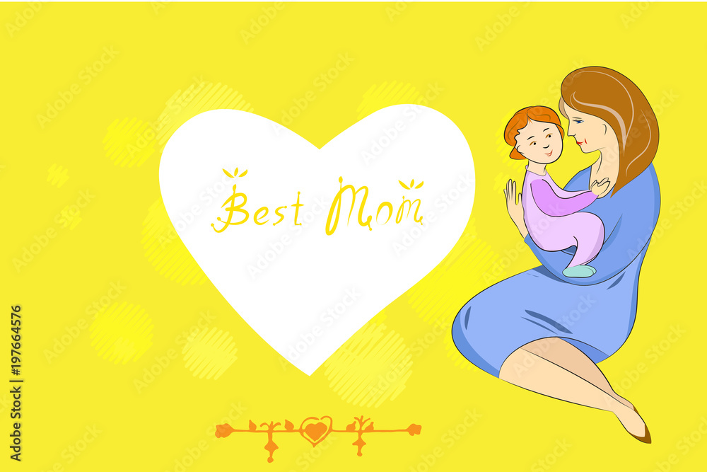 Mothers Day Vector, Mother and Baby. Color Illustrations Art  Design Greeting Card on a horizontal background