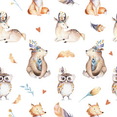 Acrylglasbilder Tierbaby-Muster Baby animals nursery isolated seamless pattern with bannies. Watercolor boho cute baby fox, deer animal woodland rabbit and bear isolated illustration for children. Bunny forest image  © kris_art