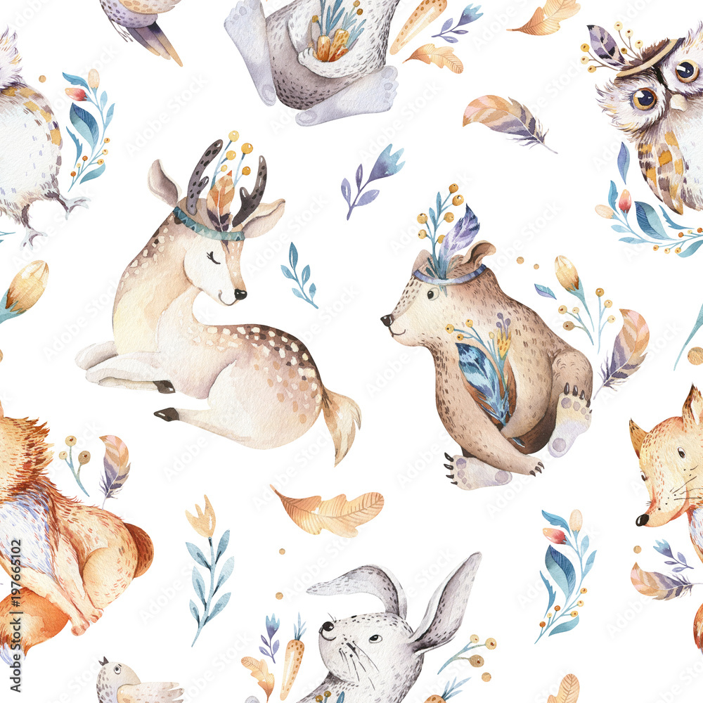 Fototapeta Baby animals nursery isolated seamless pattern with bannies. Watercolor boho cute baby fox, deer animal woodland rabbit and bear isolated illustration for children. Bunny forest image