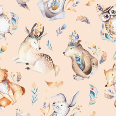 Acrylglasbilder Tierbaby-Muster Baby animals nursery isolated seamless pattern with bannies. Watercolor boho cute baby fox, deer animal woodland rabbit and bear isolated illustration for children. Bunny forest image  © kris_art