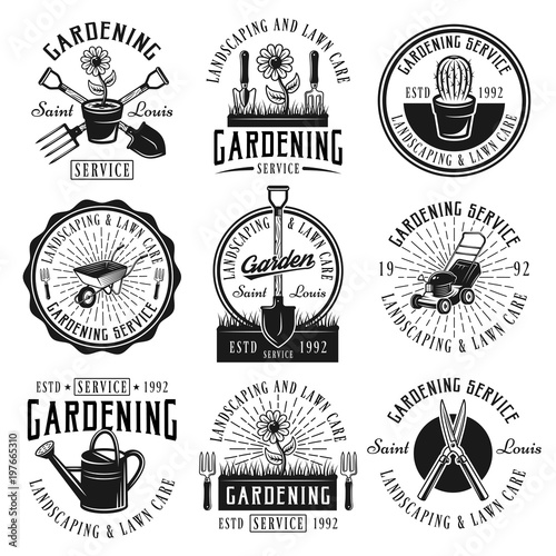 Gardening service set of emblems, badges, labels