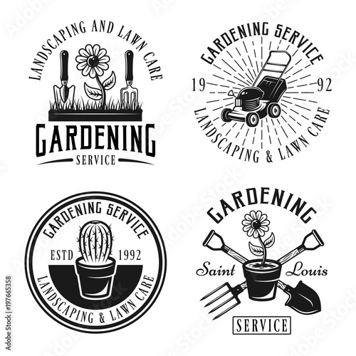 Gardening service vector emblems, badges, labels