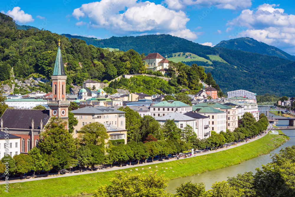 Beautiful view on Salzburg city and Alp mountains, Salzburg, Austria