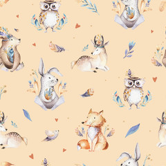 Acrylglasbilder Tierbaby-Muster Baby animals nursery isolated seamless pattern with bannies. Watercolor boho cute baby fox, deer animal woodland rabbit and bear isolated illustration for children. Bunny forest image  © kris_art
