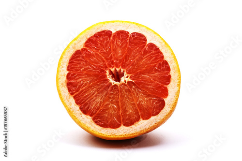 Fresh red grapefruit and grapefruit slices isolated on white bakground.Top view. Copy space. Healthy food  diet concept.