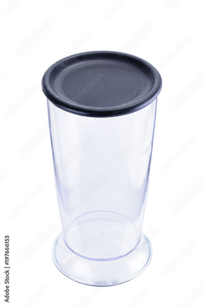 Cup with black plastic lid for hand blender on the white background Cup with black plastic lid for hand blender on the white background