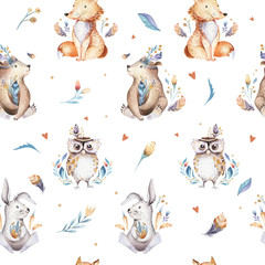 Acrylglasbilder Tierbaby-Muster Baby animals nursery isolated seamless pattern with bannies. Watercolor boho cute baby fox, deer animal woodland rabbit and bear isolated illustration for children. Bunny forest image  © kris_art