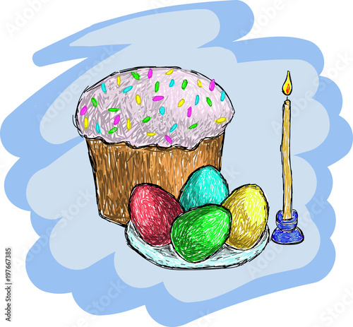 hand drawn easter art, greeting card, easter style, eggs and candle , easter design, colored eggs 