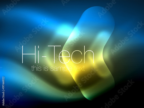 Blurred arrows in dark space. Neon pointers, glass glossy design, abstract shiny techno background, web banner