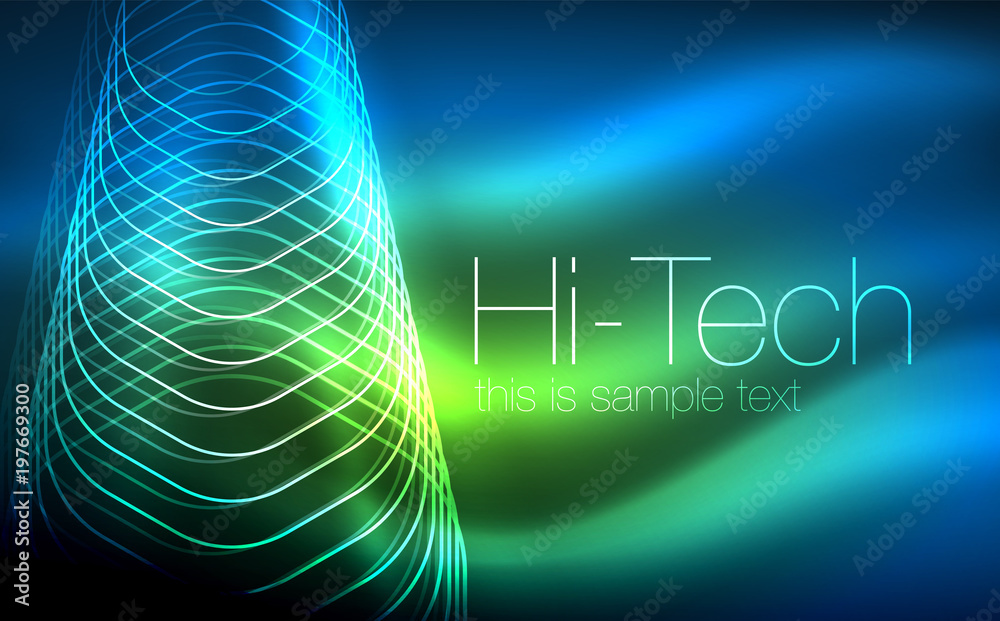 Naklejka premium Outline hexagons, glowing geometric shapes, digital techno abstract background