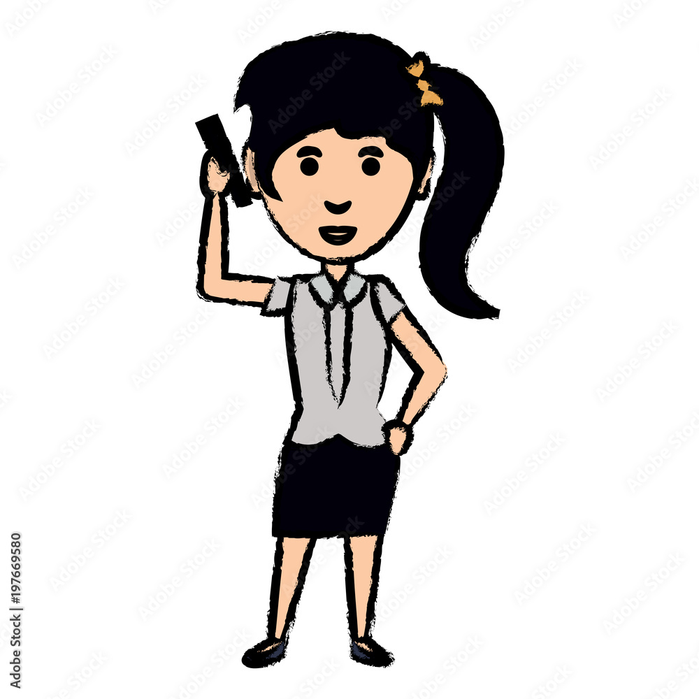 cartoon businesswoman standing and talking on the cellphone icon over white background, colorful design. vector illustration