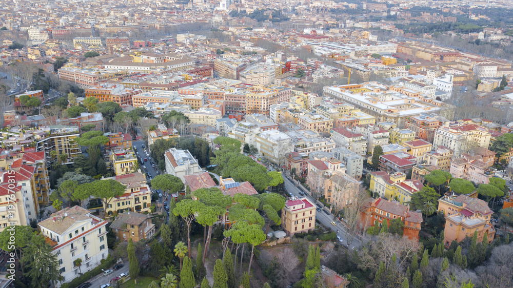 Panoramic aerial view from the Gianicolo terrace in Rome, Italy. In the background you can see the peaks of the Altare della Patria monument.