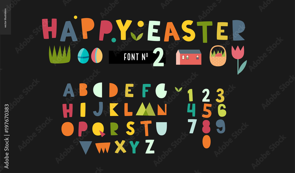 Fototapeta premium Kids flat alphabet set - Happy easter latin font - letters and digits