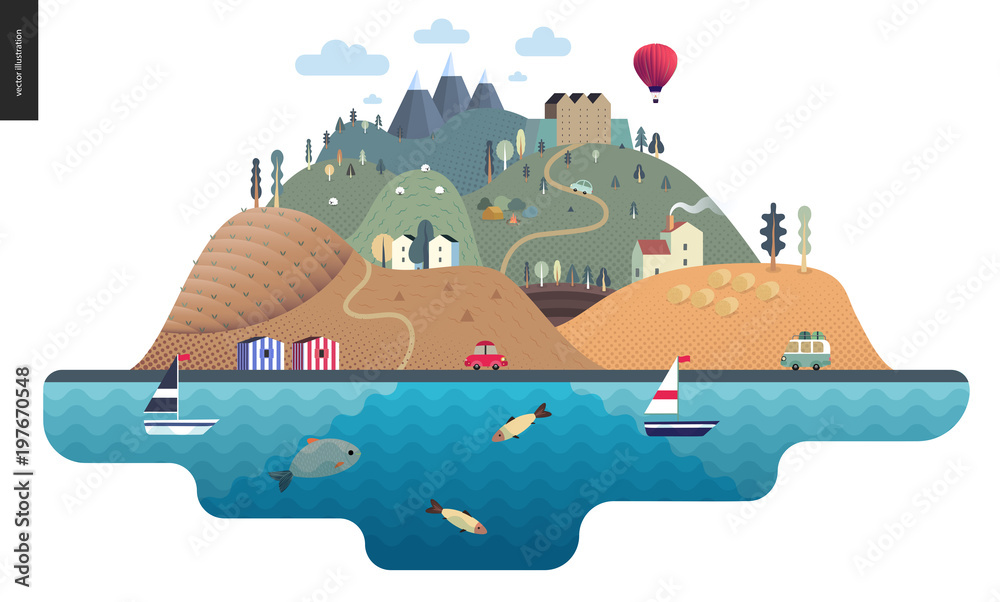 Obraz premium Magical summer landcape - green island with hills, roads, cars, castle, houses and trees, with mountains, balloon and clouds above and waving sea and striped houses on the coast.