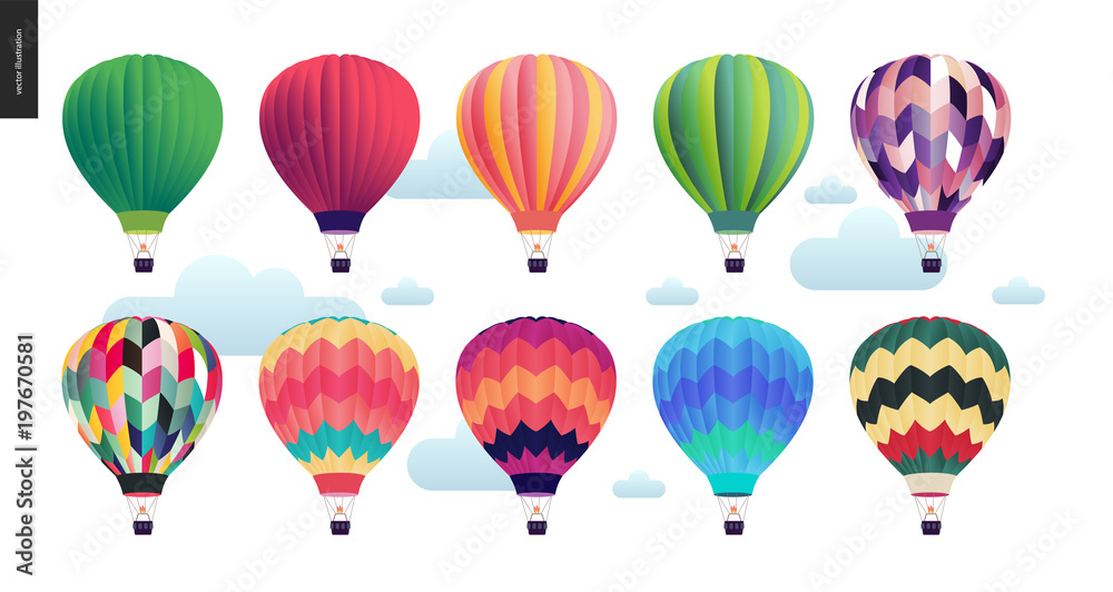 Hot air balloons - set of various colored balloons in the sky with clouds