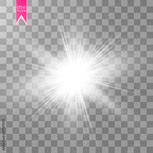 Glow light effect. Starburst with sparkles on transparent background. Vector illustration.