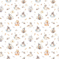 Acrylglasbilder Tierbaby-Muster Baby animals nursery isolated seamless pattern with bannies. Watercolor boho cute baby fox, deer animal woodland rabbit and bear isolated illustration for children. Bunny forest image  © kris_art