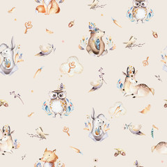 Acrylglasbilder Tierbaby-Muster Baby animals nursery isolated seamless pattern with bannies. Watercolor boho cute baby fox, deer animal woodland rabbit and bear isolated illustration for children. Bunny forest image  © kris_art