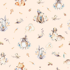 Acrylglasbilder Tierbaby-Muster Baby animals nursery isolated seamless pattern with bannies. Watercolor boho cute baby fox, deer animal woodland rabbit and bear isolated illustration for children. Bunny forest image  © kris_art