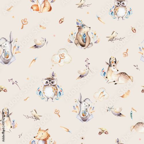 Baby animals nursery isolated seamless pattern with bannies. Watercolor boho cute baby fox, deer animal woodland rabbit and bear isolated illustration for children. Bunny forest image © kris_art